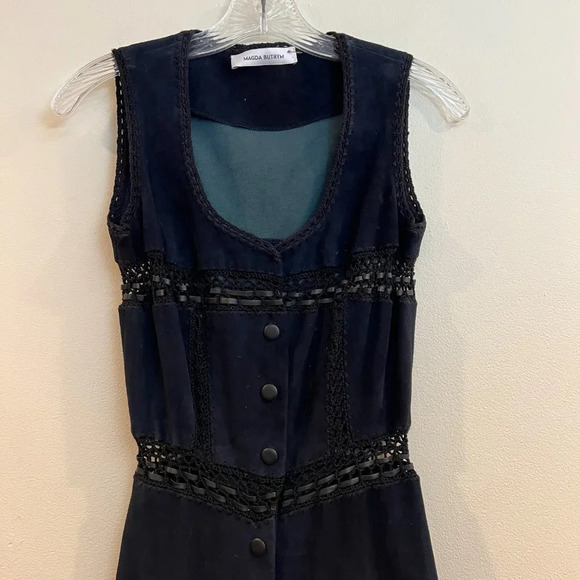 Magda Butrym Oakland Blue Suede Crochet Embroidered Lace Designer Mini Dress 34 - Picture 8 of 14